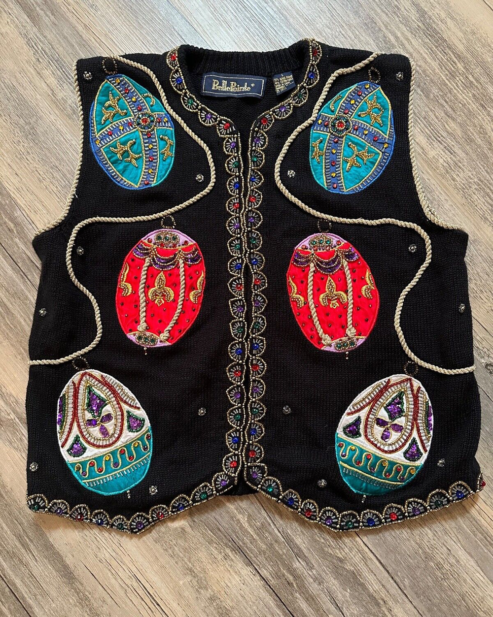 Vtg Belle Pointe Sweater Vest Size Large Beaded Faberge Eggs Embroidered